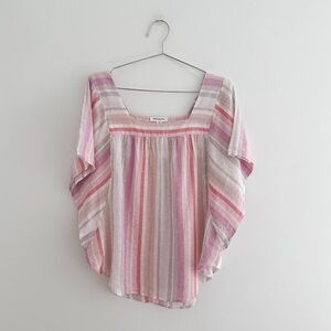 BeachLunchLounge Linen Cotton Striped Blouse Flutter Sleeve Boho Style Size L